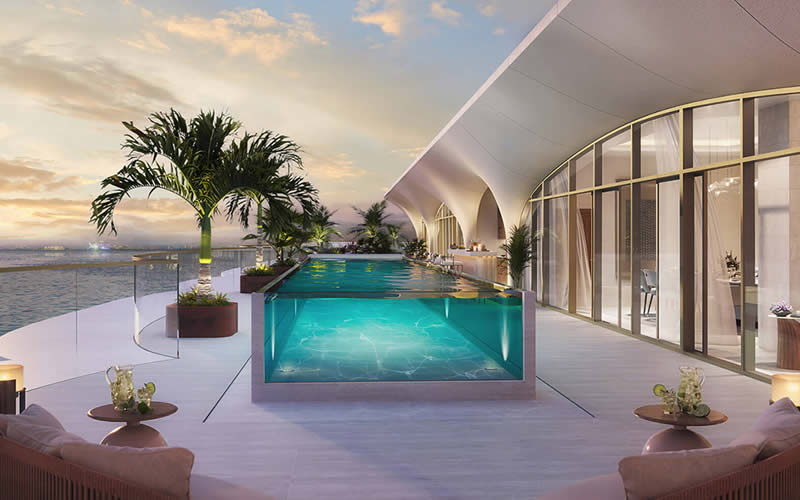 an elegant see trough infinity pool with the beach view in one of the top 5 penthouses for sale in dubai
