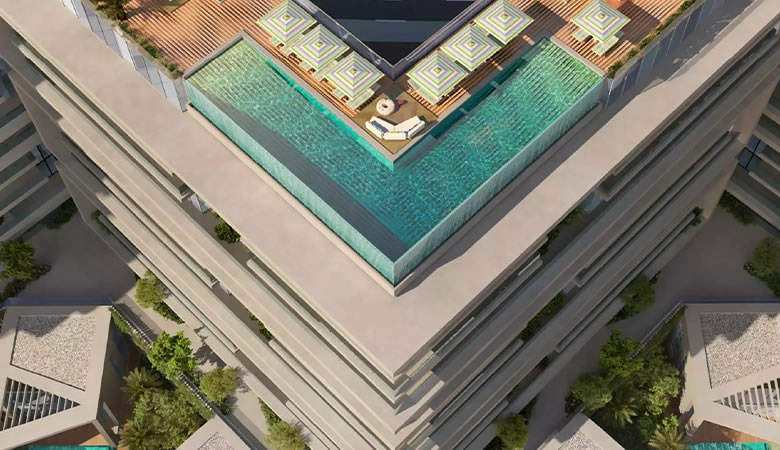 photo of rooftop swimming pool with an L shape